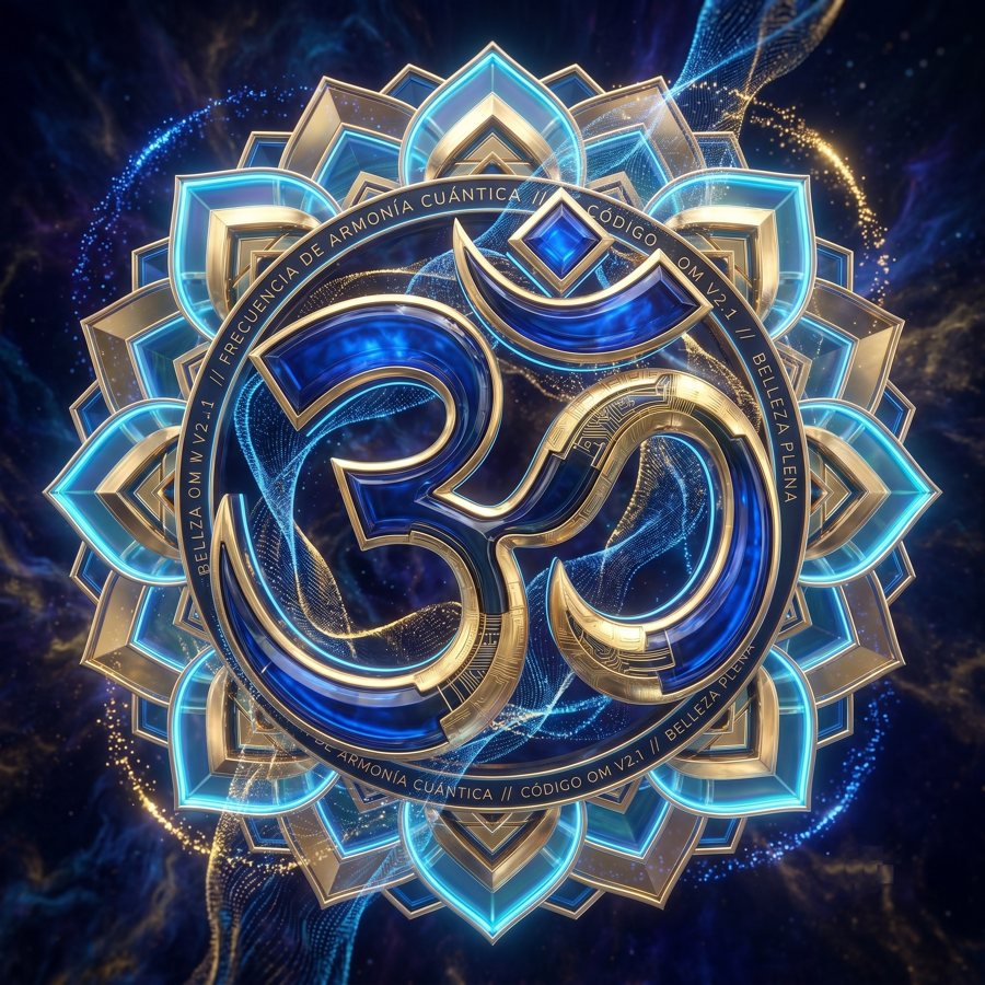 Símbolo Om en mandala de loto dorado y azul